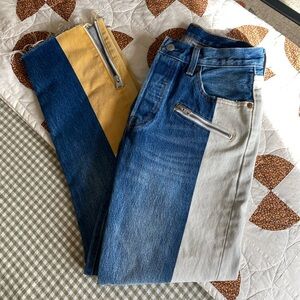 Levi's 501 Premium Denim High Waisted Colorblock Yellow Zip Ankle Jeans